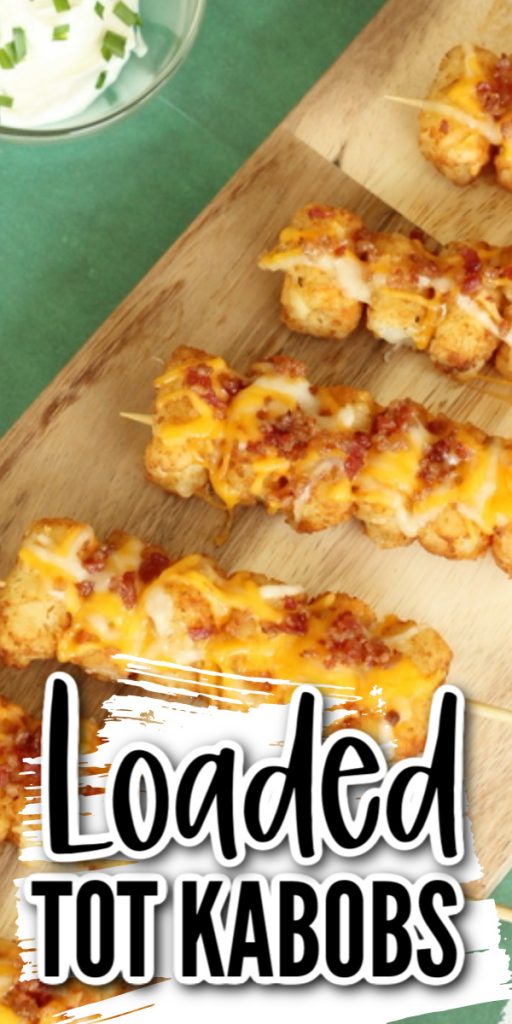 Add cheese and bacon to tater tot skewers then dip them in the toppings of your choice. You will love this simple appetizer and how great it tastes! #appetizer #recipe #party #yum
