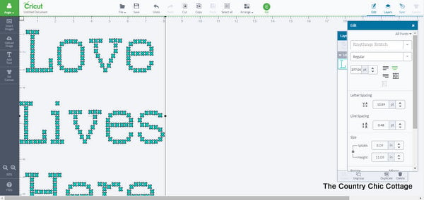 choosing cross stitch font in Cricut Design 