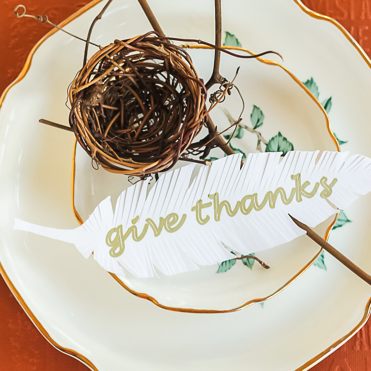 thanksgiving place setting with paper feathers