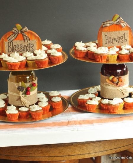 Make your own tiered fall dessert stand for Thanksgiving or fall parties. Can be made in 5 minutes!