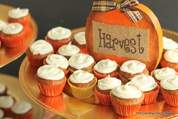 cupcakes on a fall-themed tray