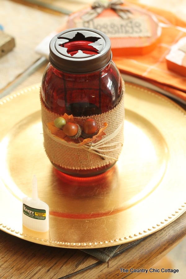 gluing the mason jar to the plate charger