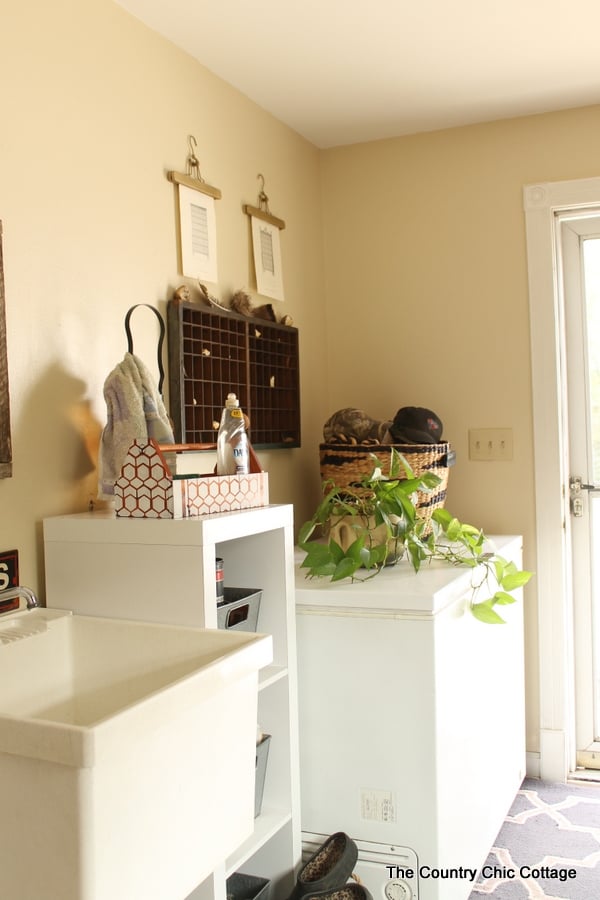 A plant on top of another deep freezer in farmhouse style mudroom.