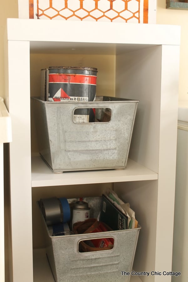 Farmhouse mudroom ideas, galvanized tin bins.