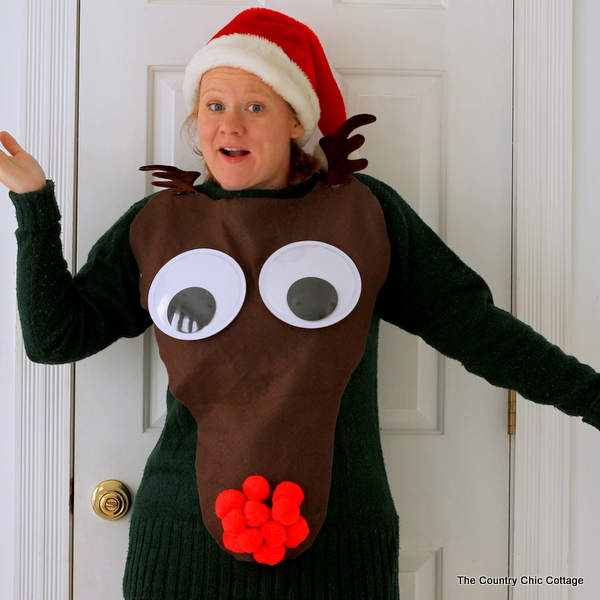 Showing off the finished Rudolph DIY ugly sweater