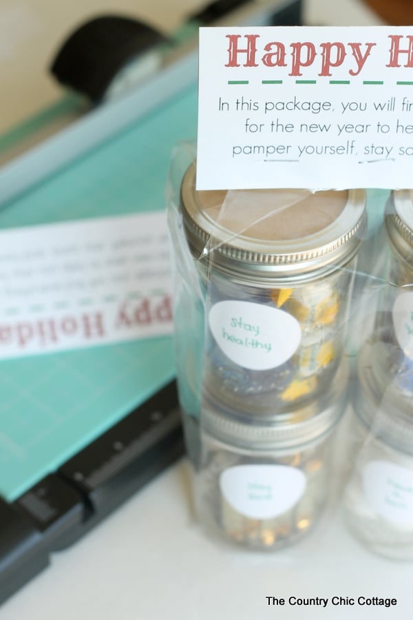 A fun stacked gift in a jar packaged with labels