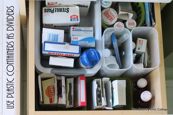 Bathroom cabinet and drawer organization ideas -- simple ideas to implement in your home with supplies from Dollar General.