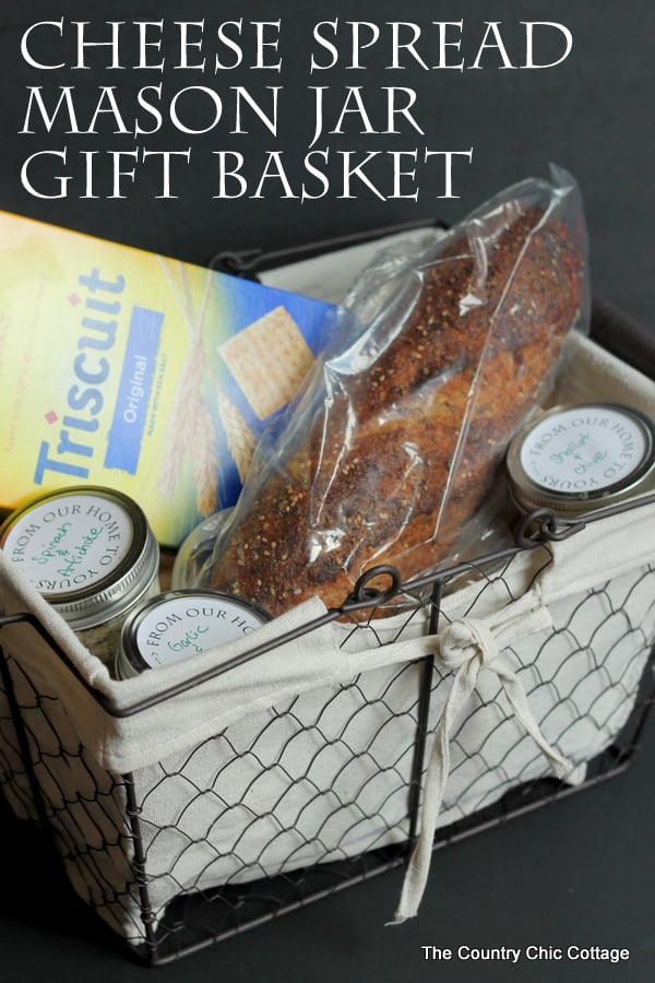 Give a fun gift basket with this cheese spread mason jar gift idea. This post also has free printable labels for the tops of the jars!