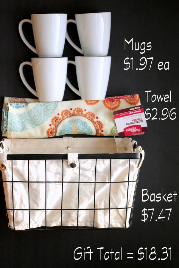 This gift idea is perfect for any coffee lover! It includes 4 kitchen coffee mugs, tea towels, and one basket that's perfect for kitchen organization