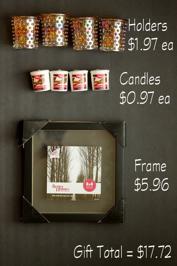 This affordable gift idea is perfect for any candle lovers! Four tea candles in pretty holders, and a picture frame as a tray