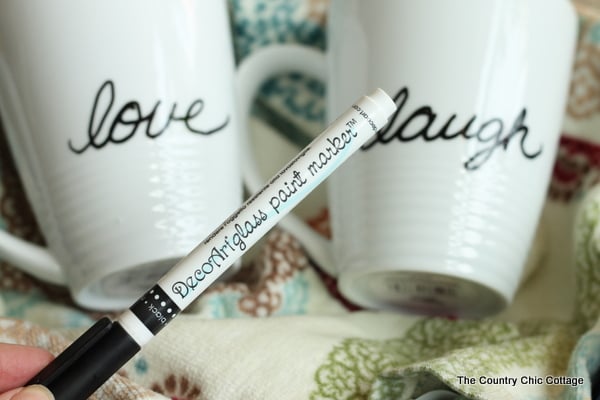 Use a glass paint marker to add a personalized touch to the coffee mugs in this kitchen enthusiast gift basket