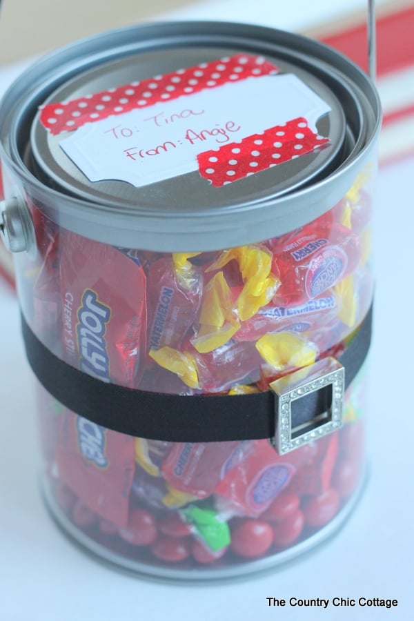 A gift idea you can put together in mintues! Add red and a Santa belt to a pail this Christmas.