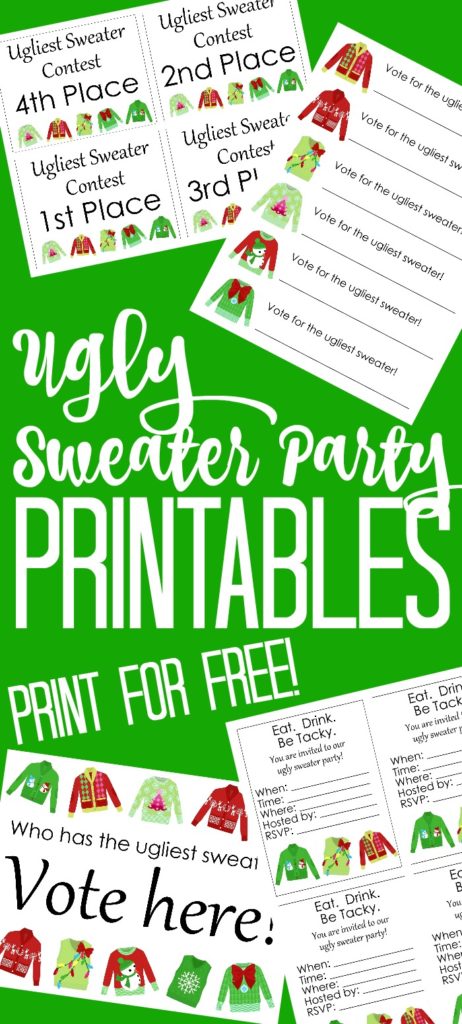 These ugly sweater party printables will be the hit of the night! Everything from invitations to ballots and awards that you can print for free! #sweaterparty #christmasparty #uglysweater #holidayparty #freeprintables #printables #free #inviations #party #partyprintables #christmassweater #holidaysweater #uglysweaterparty