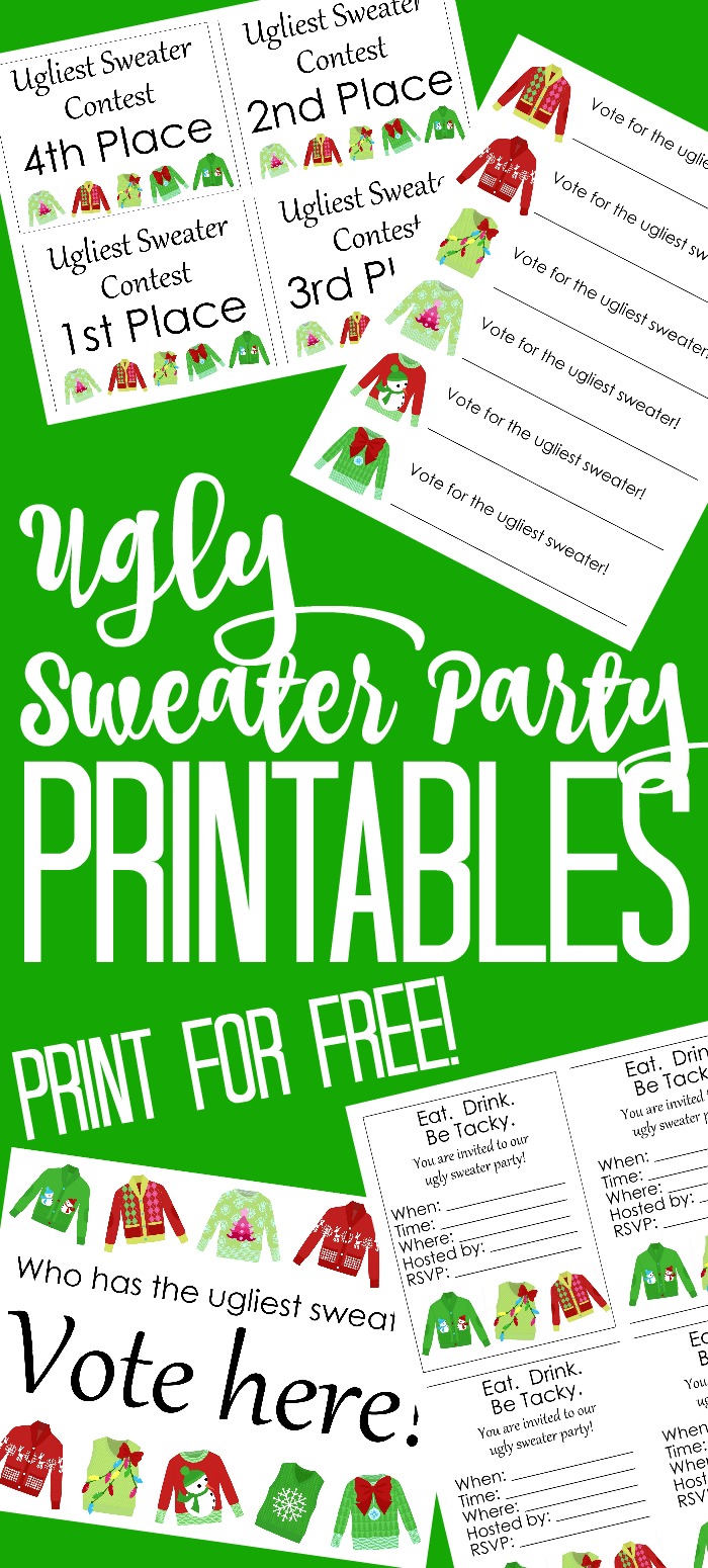 These ugly sweater printables will be the hit of the night! Everything from invitations to ballots and awards that you can print for free! #sweaterparty #christmasparty #uglysweater #holidayparty #freeprintables #printables #free #inviations #party #partyprintables #christmassweater #holidaysweater #uglysweaterparty