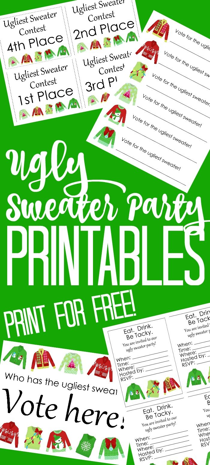 These ugly sweater printables will be the hit of the night! Everything from invitations to ballots and awards that you can print for free! #sweaterparty #christmasparty #uglysweater #holidayparty #freeprintables #printables #free #inviations #party #partyprintables #christmassweater #holidaysweater #uglysweaterparty