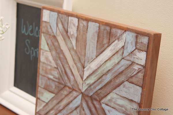 Here's the finished DIY wood quilt square, made for half the price of the Pottery Barn version!