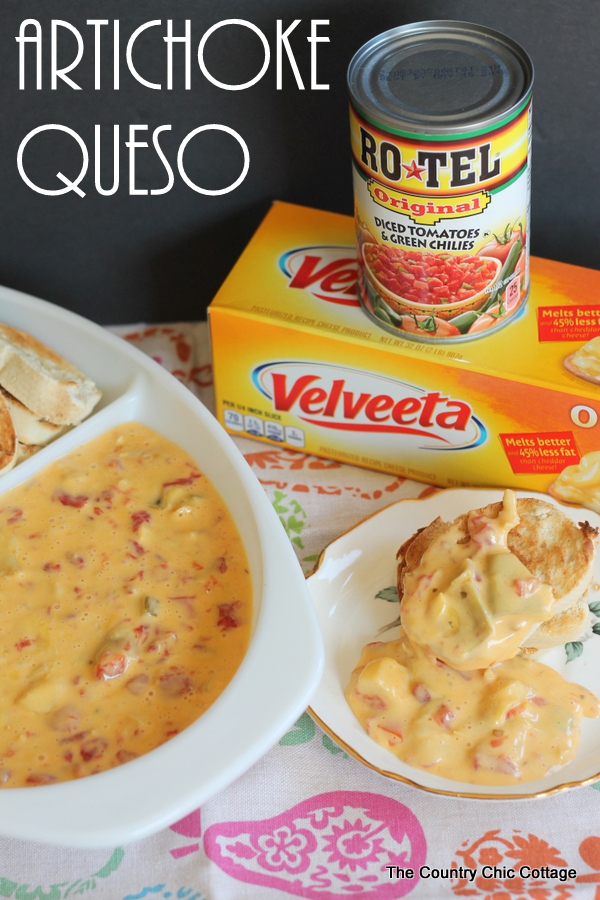 Artichoke Queso Dip Recipe -- add artichoke hearts to your favorite cheese dip for an out of this world snack idea!