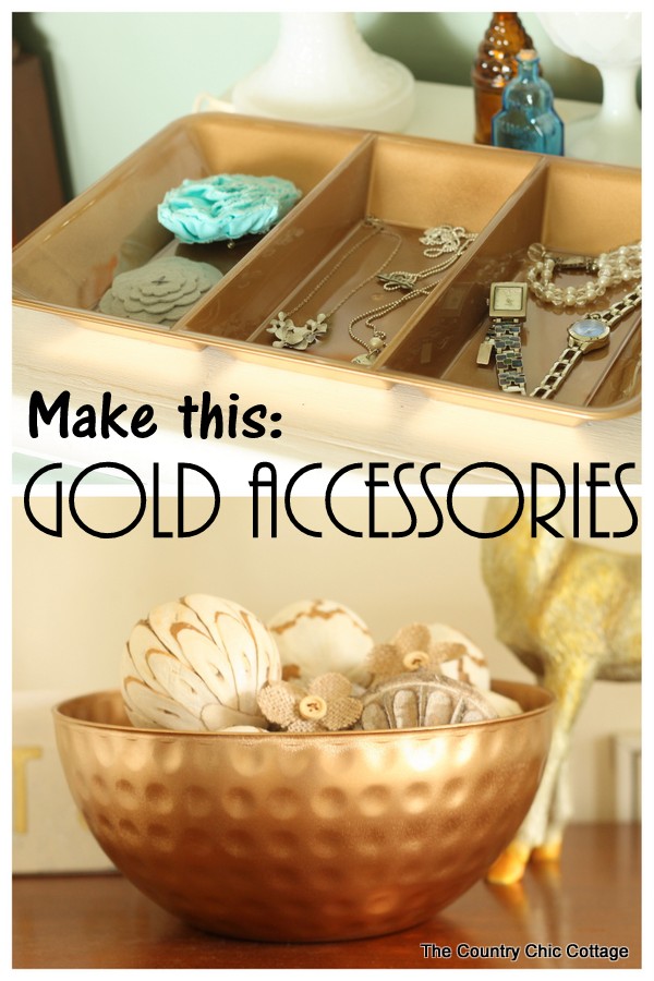 Grab some plastic dollar store bowls and gold spray paint to make a jewelry organizer and more! Click to see the full details!