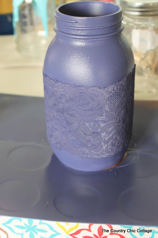 purple painted mason jar with lace