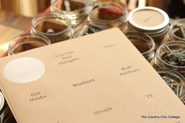 mason jar organizers with brown printed labels
