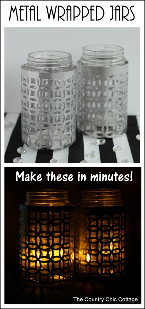 Wrap jars in metal for a gorgeous candle holder perfect for weddings or everyday use! These metal wrapped jar candle holders are so easy to make. Adding this to my must make list!