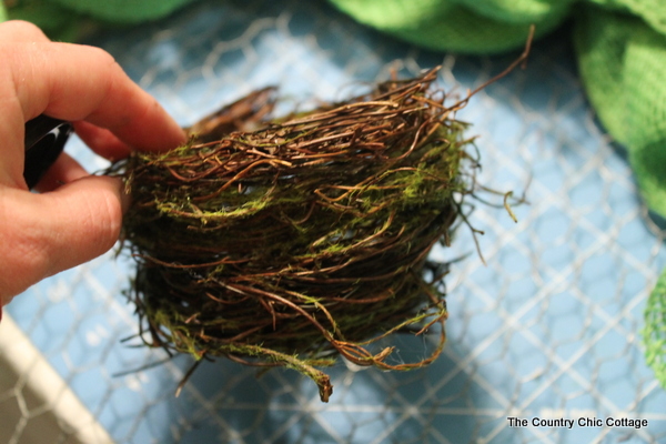 making bird's nest for the Spring Burlap Wreath
