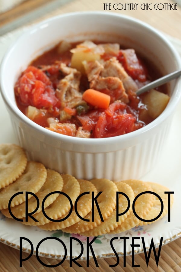 Crock pot pork stew -- throw everything into the slow cooker for a warm no fuss meal on a cold day.