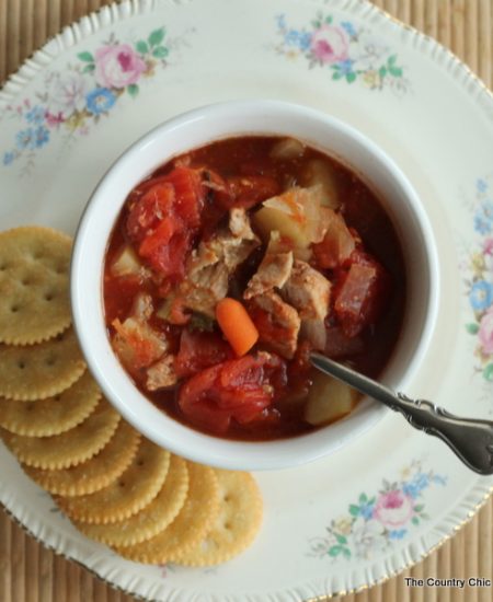 Crock pot pork stew -- throw everything into the slow cooker for a warm no fuss meal on a cold day.