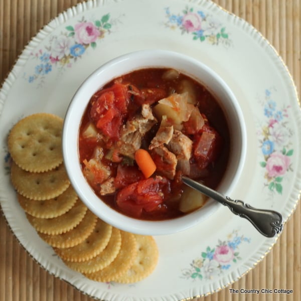 Crock pot pork stew -- throw everything into the slow cooker for a warm no fuss meal on a cold day.