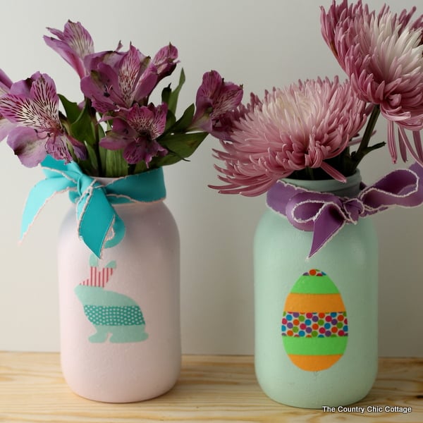Easter mason jars -- use washi tape to make shapes that you then add to painted jars. Perfect for your Easter table!