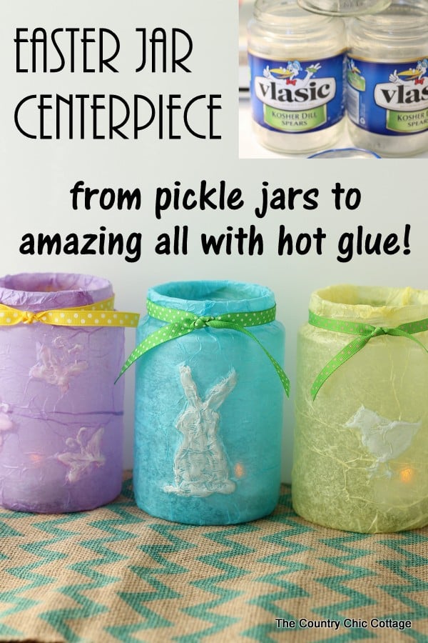 Adorn your Easter table with these jar crafts -- make from recycled pickle jars, hot glue, and tissue paper! An amazing budget friendly craft!