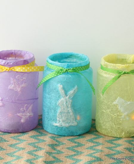 Adorn your Easter table with these jar crafts -- make from recycled pickle jars, hot glue, and tissue paper! An amazing budget friendly craft!