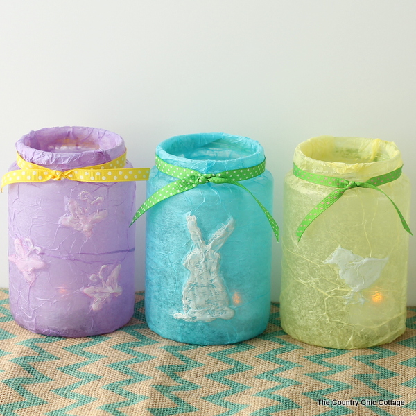 Adorn your Easter table with these jar crafts -- make from recycled pickle jars, hot glue, and tissue paper! An amazing budget friendly craft!