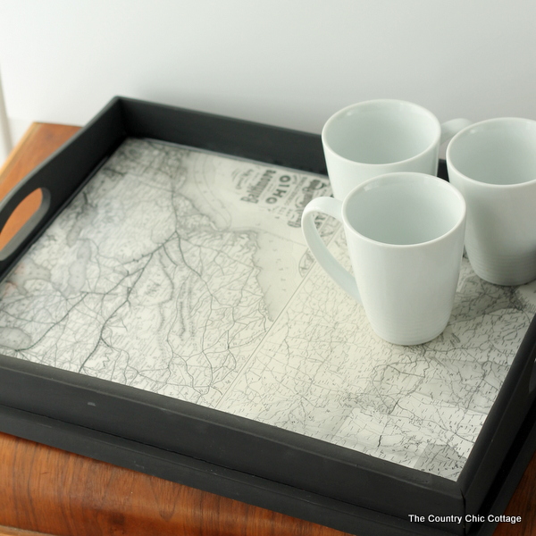 vintage map tray with 3 white mugs