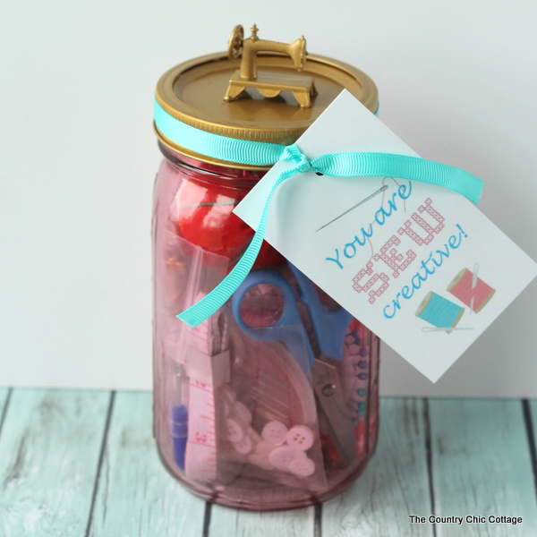 DIY sewing kit gift in a jar