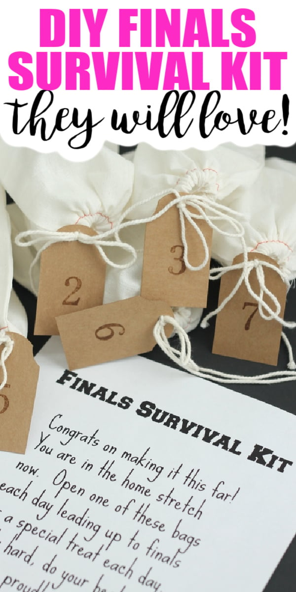 Make this DIY finals survival kit for your college student! Includes instructions, gift ideas, and a free printable note! #finals #collegestudent #giftidea