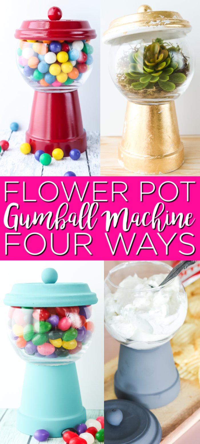 You can make a DIY gumball machine with clay pots! This cute craft idea is perfect for your home's decor and can be used for other candy and more as well! #gumballmachine #flowerpots #claypots #craftidea #crafts
