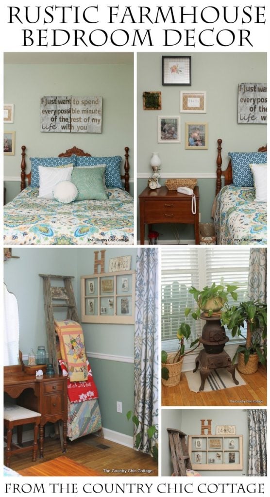 Rustic Farmhouse Bedroom Decor -- get great ideas here for a rustic farmhouse bedroom on a budget. Mix vintage and new items for a gorgeous space in your home.