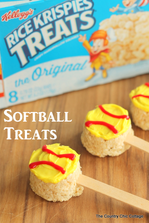 Fun softball treats made from packaged Rice Krispie treats!