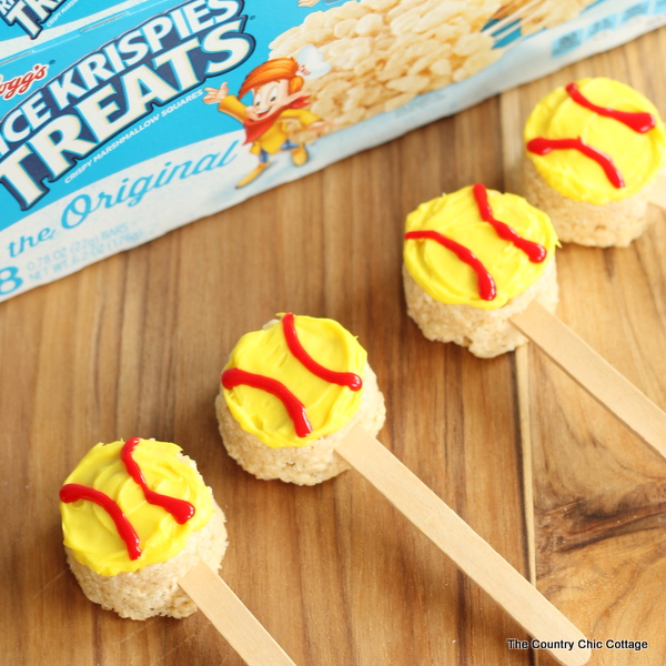 Fun softball treats made from packaged Rice Krispie treats!