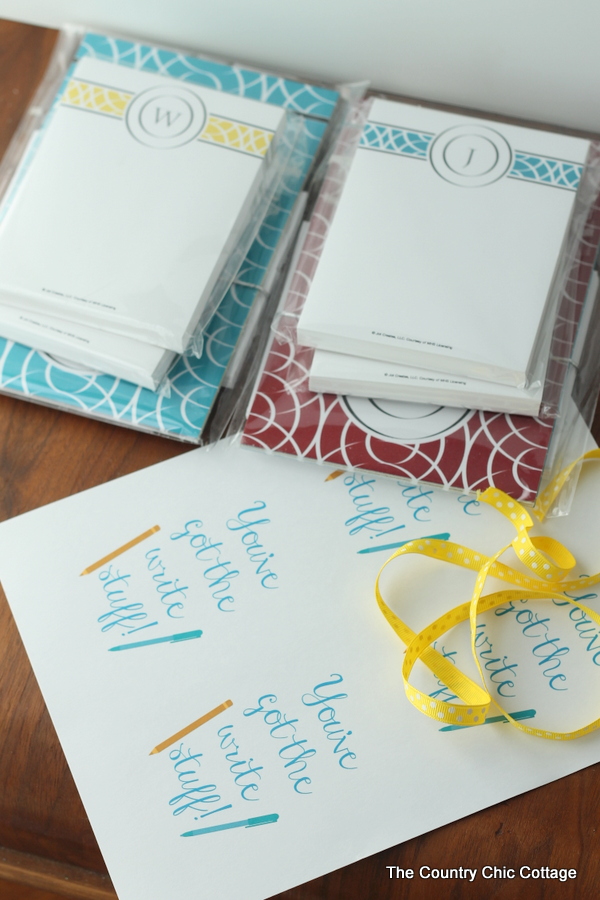 Teacher Appreciation Gift Idea -- add monogrammed notepads and cards to a fun gift bag with this free printable tag for a perfect teacher gift in minutes.