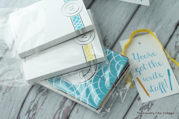 Teacher Appreciation Gift Idea -- add monogrammed notepads and cards to a fun gift bag with this free printable tag for a perfect teacher gift in minutes.