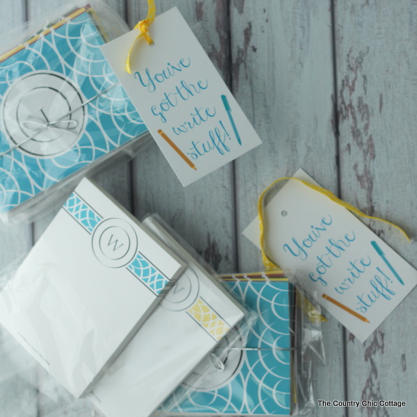 Teacher Appreciation Gift Idea -- add monogrammed notepads and cards to a fun gift bag with this free printable tag for a perfect teacher gift in minutes.