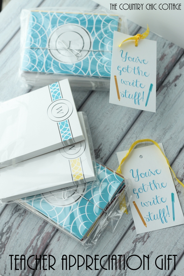 Teacher Appreciation Gift Idea -- add monogrammed notepads and cards to a fun gift bag with this free printable tag for a perfect teacher gift in minutes.