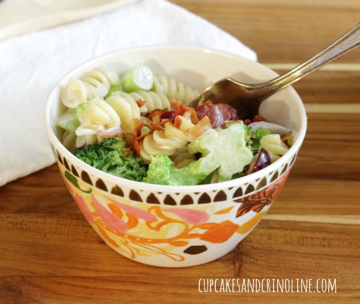 Broccoli Pasta Salad with Red Grapes and Bacon from cupcakesandcrinoline.com