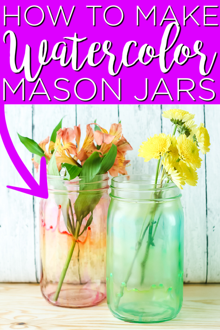 A watercolor mason jar is so easy to make! Customize the colors for the season or your home's decor then add in flowers for a gorgeous vase that will look amazing in any room! #watercolor #masonjar #jars #painting #paint
