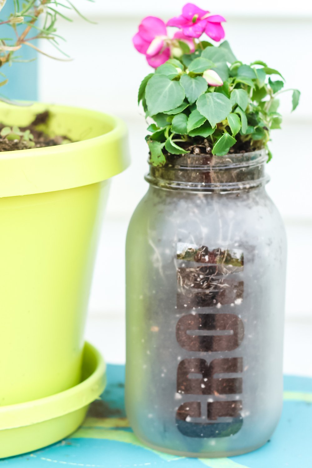 mason jar planter with etched design