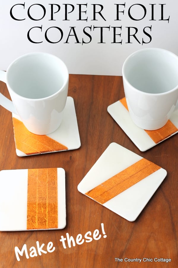 copper foil coasters with white mugs