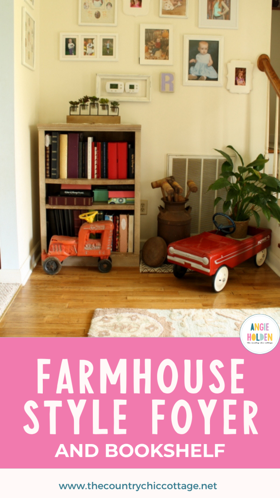 farmhouse style foyer and bookshelf