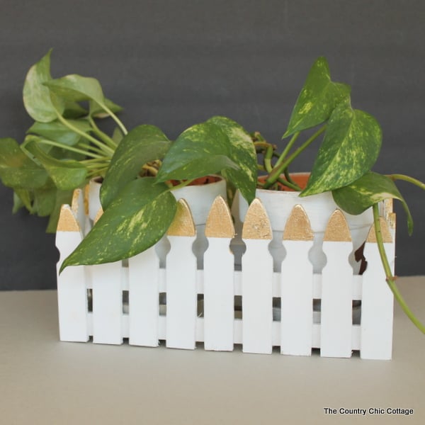 Make this picket fence planter box with a touch of gold leaf for your plants.